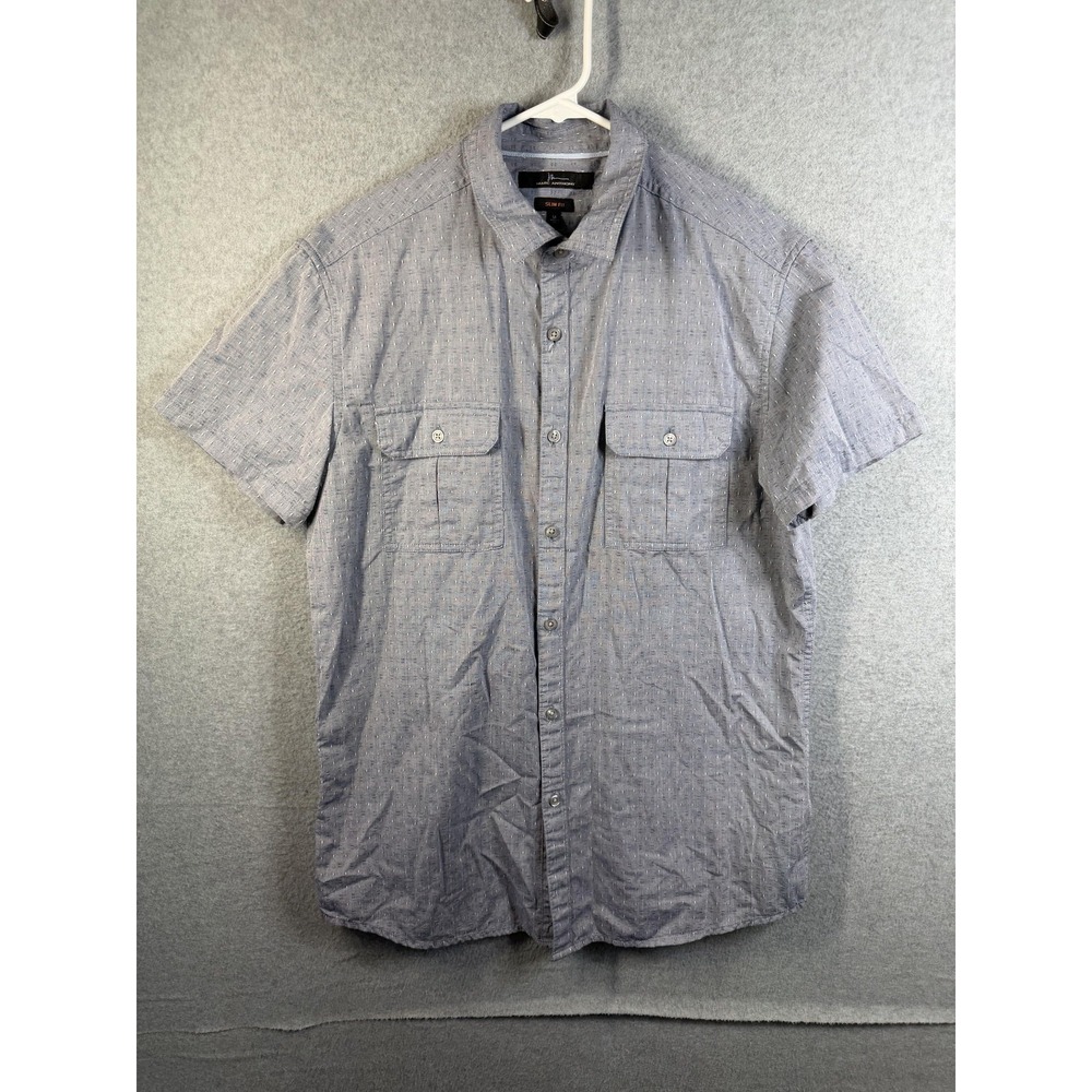 Marc Anthony Shirt Mens Medium Blue Geometric Short Sleeve Button Up Slim Fit